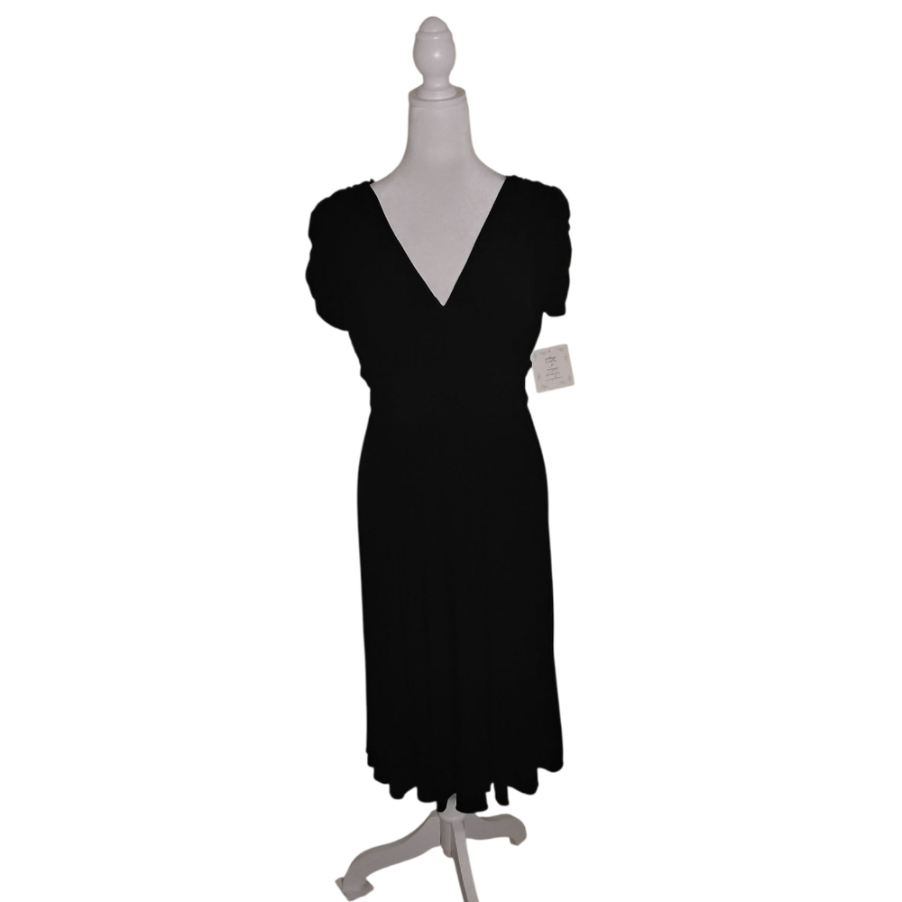 Suzi Chin Women's 8 Black Pleated Ruched Short Sleeve Midi Dress